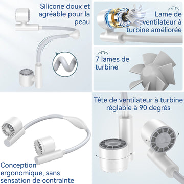 Ventilateur de cou 2400mAh 7 pales 3 vitesses de ventilation léger et portable faible bruit angle réglable ventilation naturelle